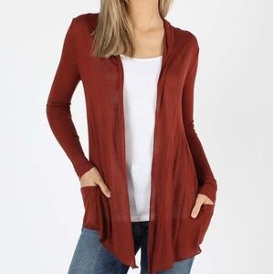 *3 for $30* ZENANA Waterfall Drape Cardigan - Fired Brick - Rust